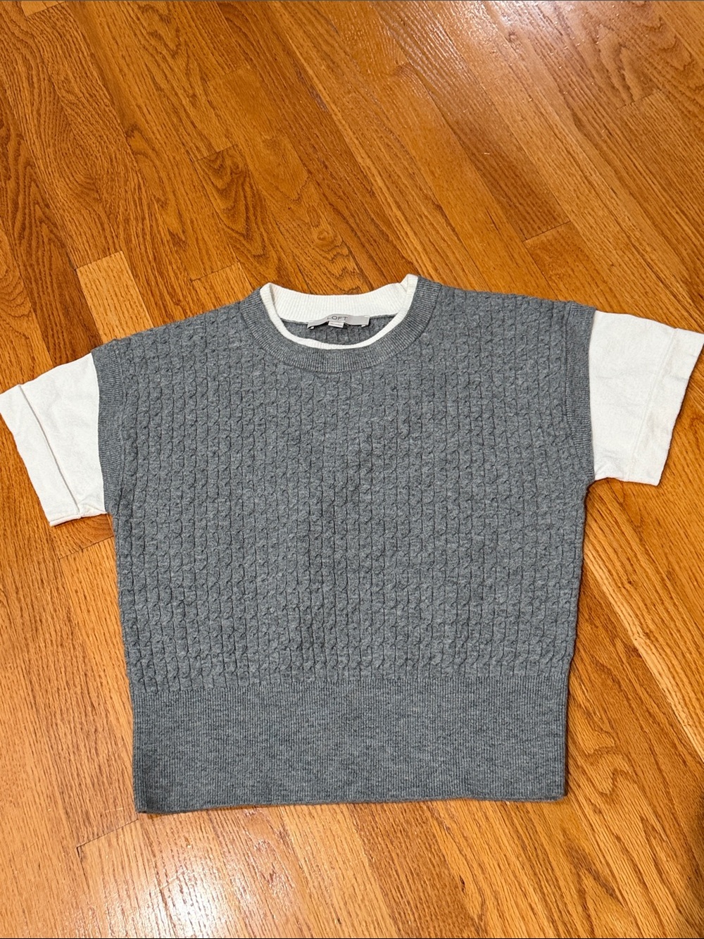 LOFT Gray Knit Layered Crew with White Short Sleeves